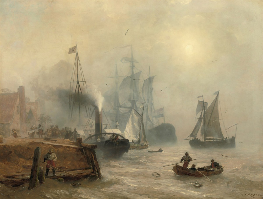moored steamer at a busy quay